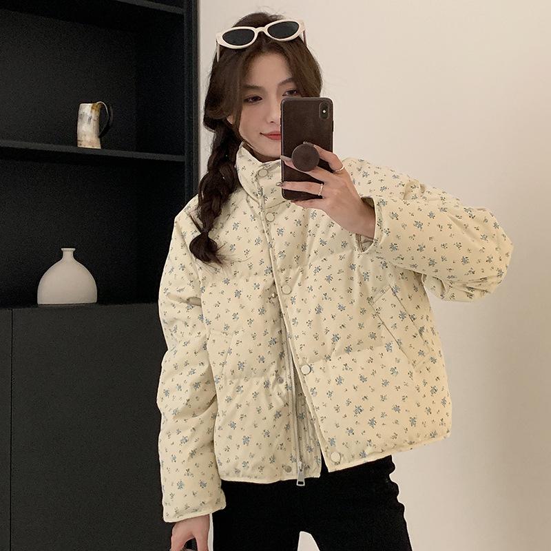 Милая маленькая цветочная куртка-стойка с воротником-стойкой, женская, 2024, новая свободная куртка-хлеб, короткая куртка