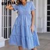 Женская мода лето весна клетчатый принт с короткими рукавами и v-образным вырезом с высокой талией повседневные платья