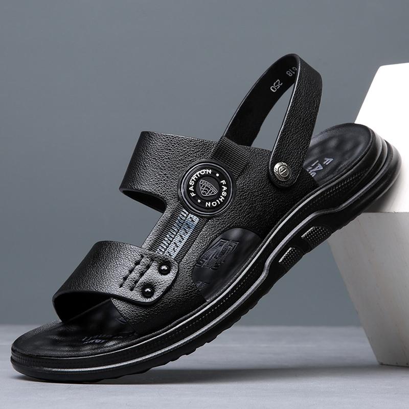 Fashion High End Brand Men's Leather Casual Shoes Lightweight Sandals Summer Beach Men's Beach Shoes Anti Slip Khaki Color Free Delivery