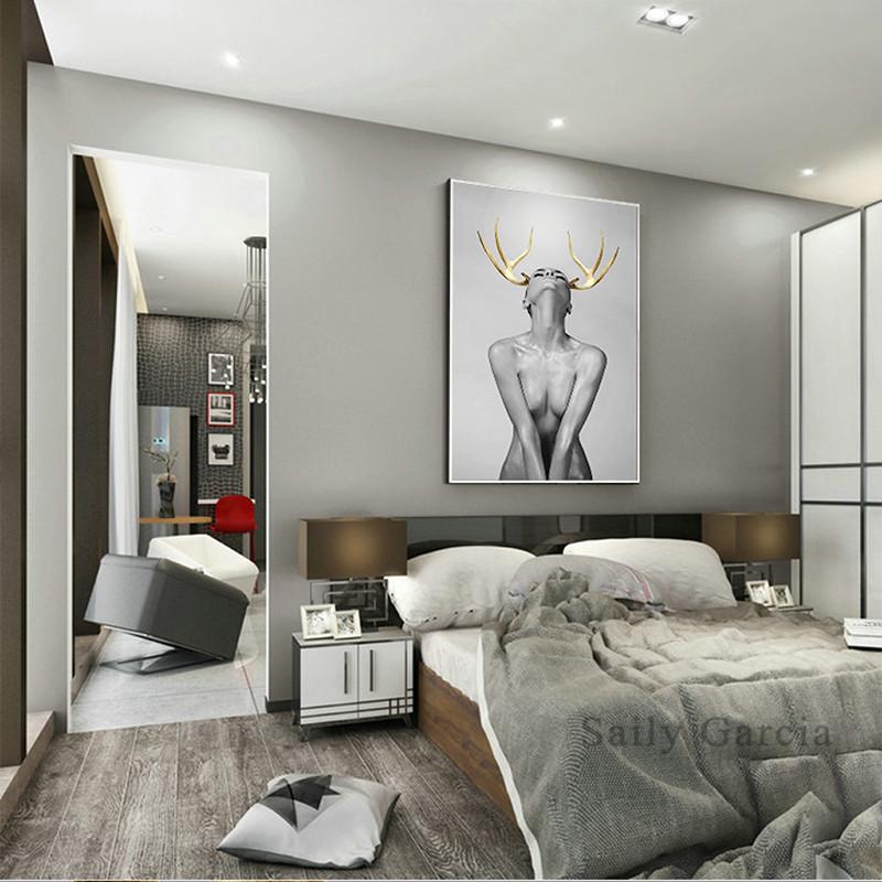Современный стиль, сексуальная женщина и золотой оленьий рог, холст, живопись, постеры, настенные панно для гостиной, дома, украшение Cuadros