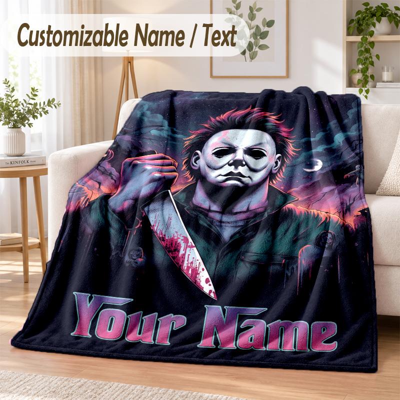 Halloween Michael Myers Custom Name Flannel Throw Blanket Soft Warm for Sofa Bed Indoor Home Use
