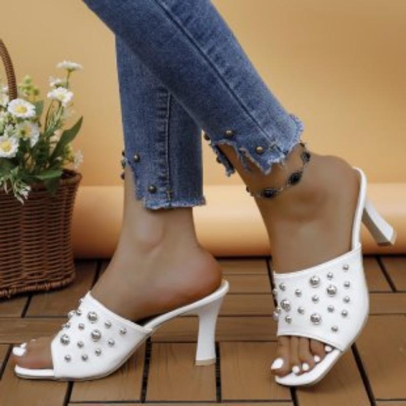 Cool Slippers Women's Fashion Slippers Rivet Open-toed Versatile Slippers Stiletto Slippers Women 43