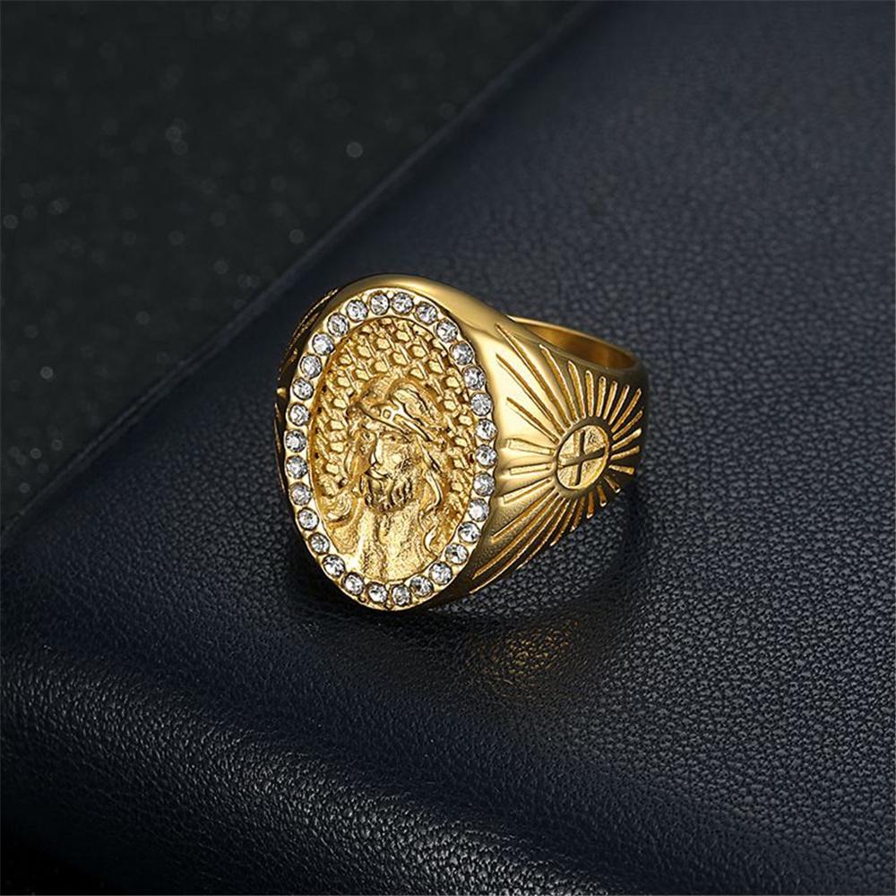 Религиозное кольцо с головой Иисуса Iced Out, мужское золотого цвета, христианские кольца из нержавеющей стали для мужчин, ювелирные изделия в стиле хип-хоп, подарок