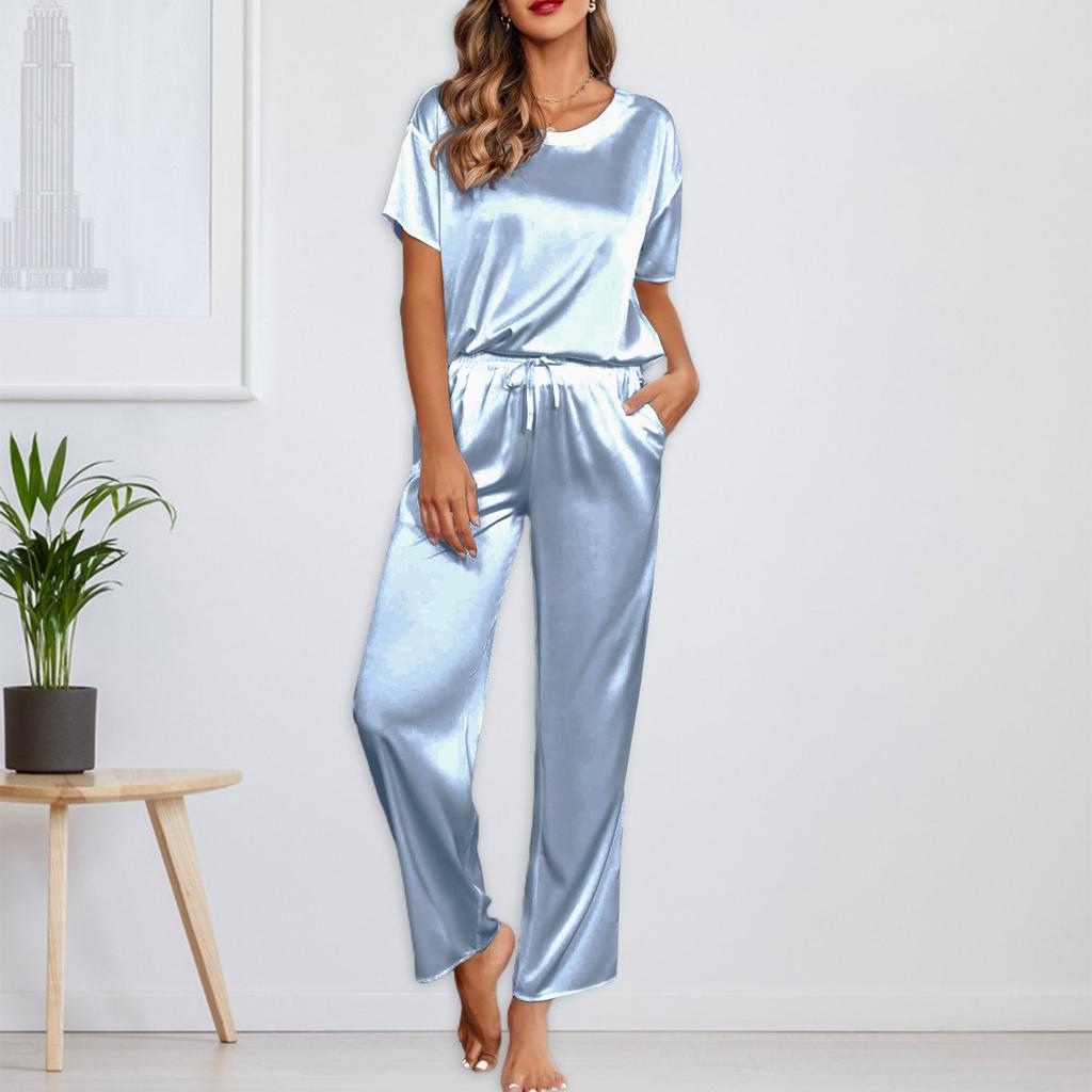 Женский шелковый однотонный пижамный комплект, рубашка с коротким рукавом и длинные пижамные штаны, мягкая пижама, домашняя одежда