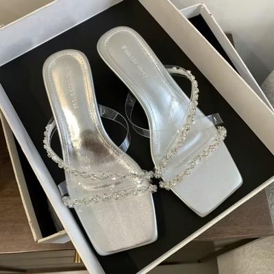 Модные прозрачные босоножки с кристаллами, летние новые квадратные босоножки с тонким ремешком и стразами на высоком каблуке