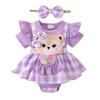 Baby Girl Plaid Romper Dress Bear Patch Fake Two-Piece Ruffle Short Sleeve Bodysuit with Bow Headband 2 Pcs Summer Outfit