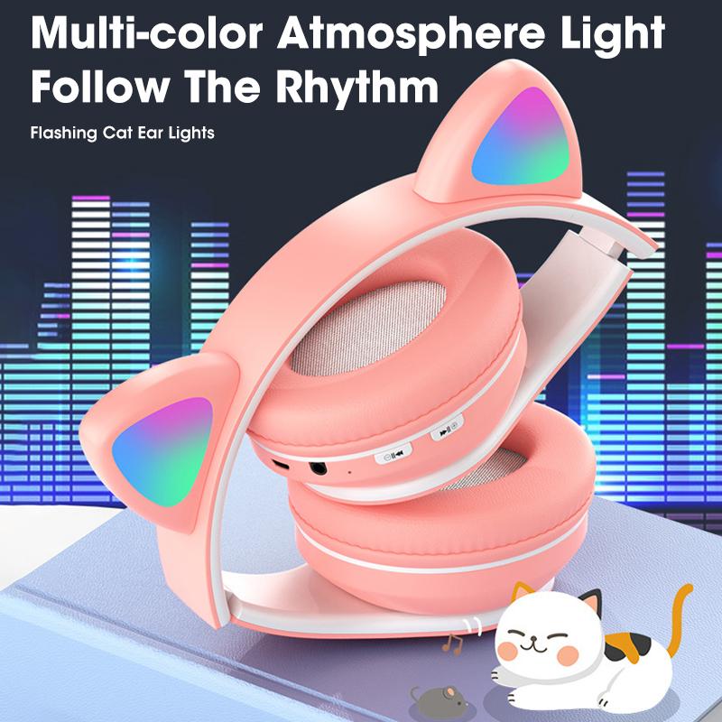 Cute Cat Ear Headphones Bluetooth 5.0 Wireless Game Headset Bass Noise Cancelling Stereo HiFi Music Support TF Card Casco Mic Girl Gift Pink
