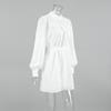 White Cotton and Linen Dress Women's Stand Up Collar Lantern Full Sleeve A-line Skirt Solid Color Elegant Commuting Dress Spring and Summer