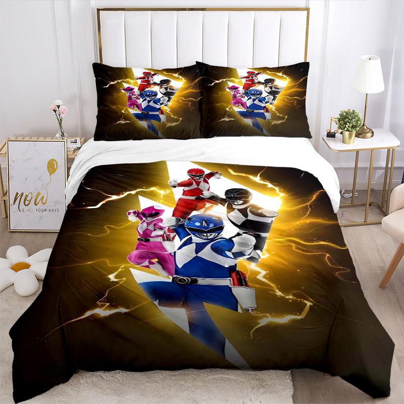 3pcs Lightning Power Rangers Printed Quilt Set - Includes 1 Quilt Cover and 2 Pillowcases, Machine Washable - Suitable for All Seasons.F035