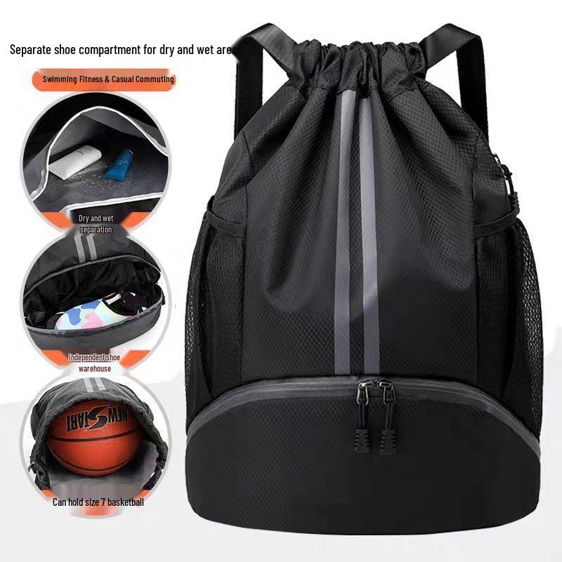 Sports Drawstring Bag with Wet and Dry Compartments for Basketball, Football, Swimming - Unisex Lightweight Backpack