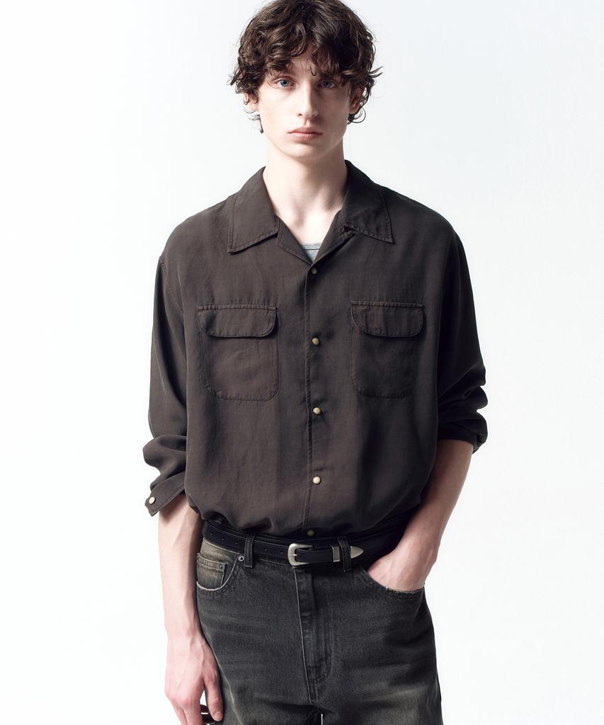 INSILENCE Tencel Gabardine Open Collar Shirt Dark Brown
