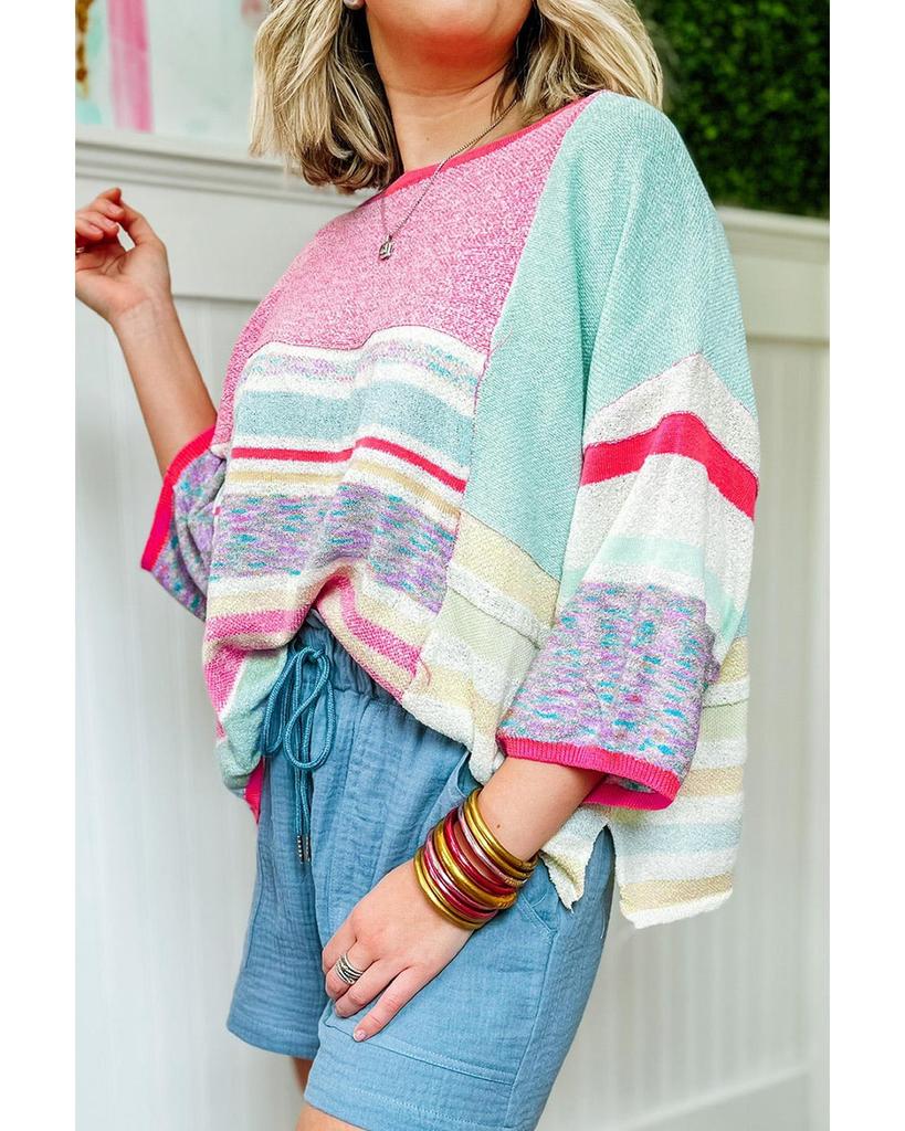 Azura Exchange Striped Three-Quarter Sleeve Knitted Top