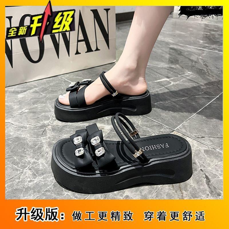 Женские тапочки-шлепанцы с толстой подошвой, украшенные стразами, летние новинки 2025, французский стиль, бант, платформа, универсальные, модные