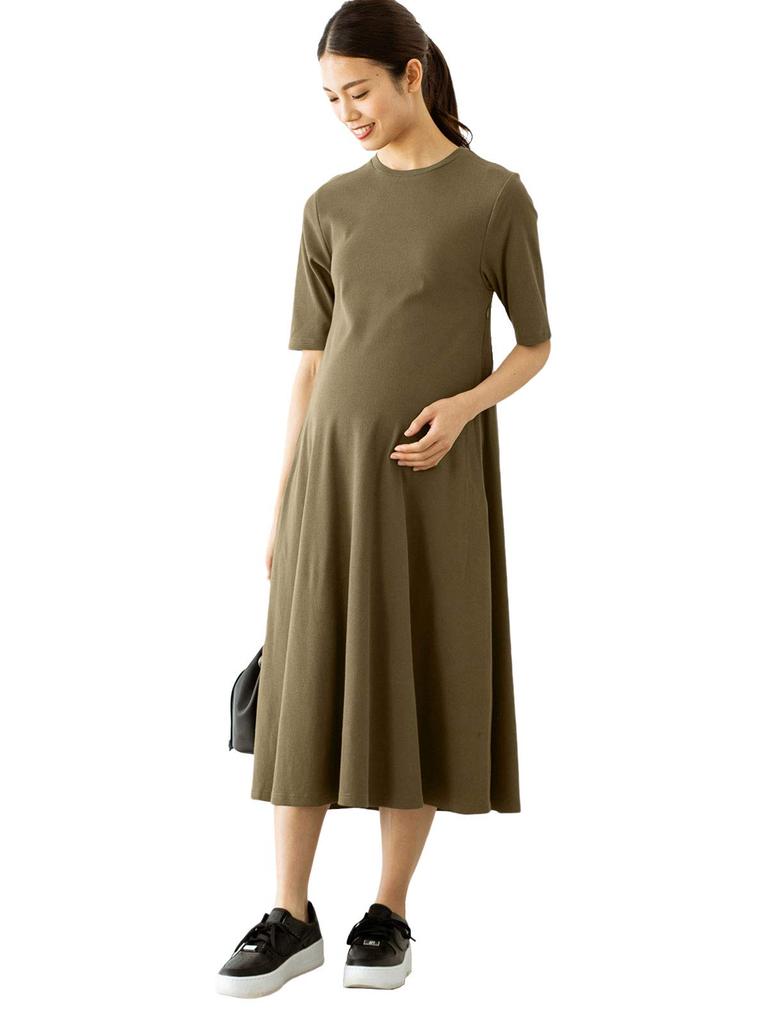 ANGELIEBE Maternity Nursing Mouth Teleco Short Sleeve Dress Prenatal and Postnatal Nursing Clothes Calf Length Khaki 29191302 A-Line M-L