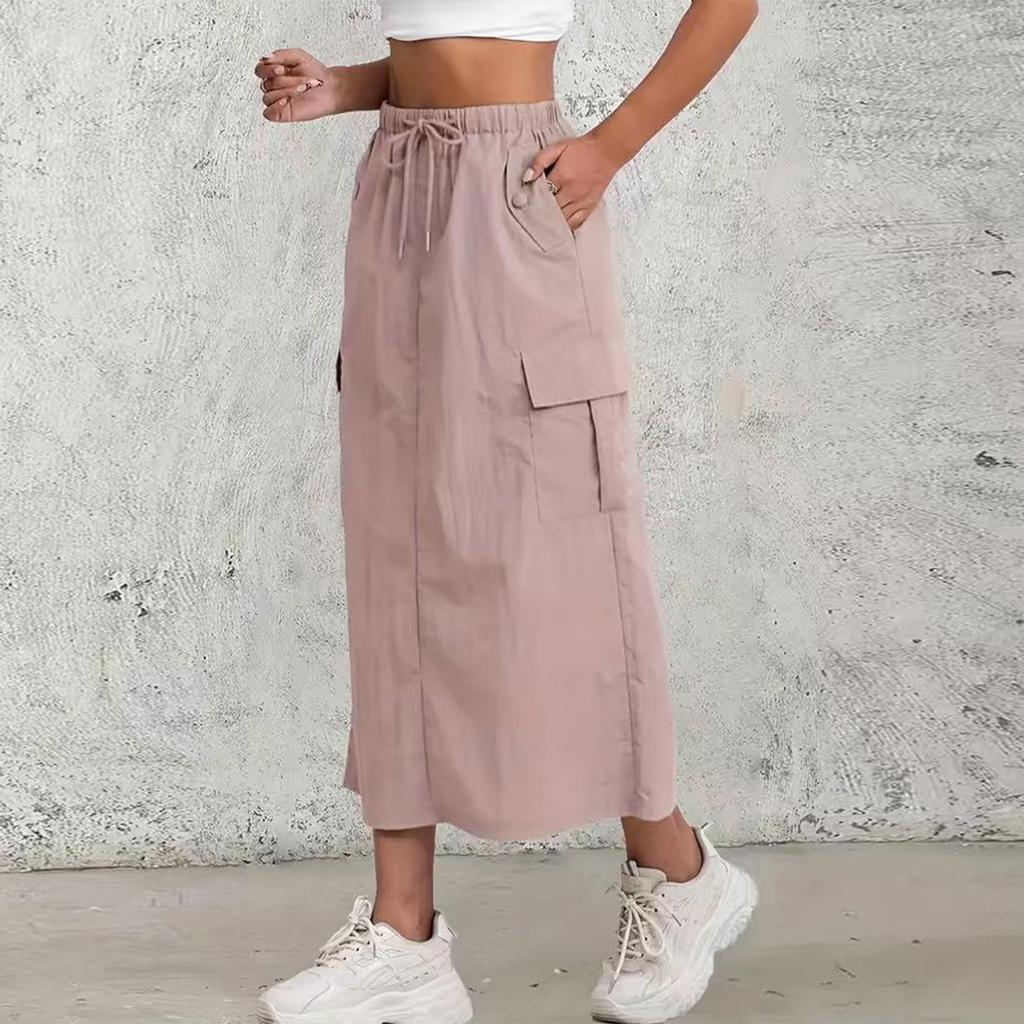 Женская модная однотонная юбка А-силуэта с эластичной талией на кулиске, карманом и разрезом сзади