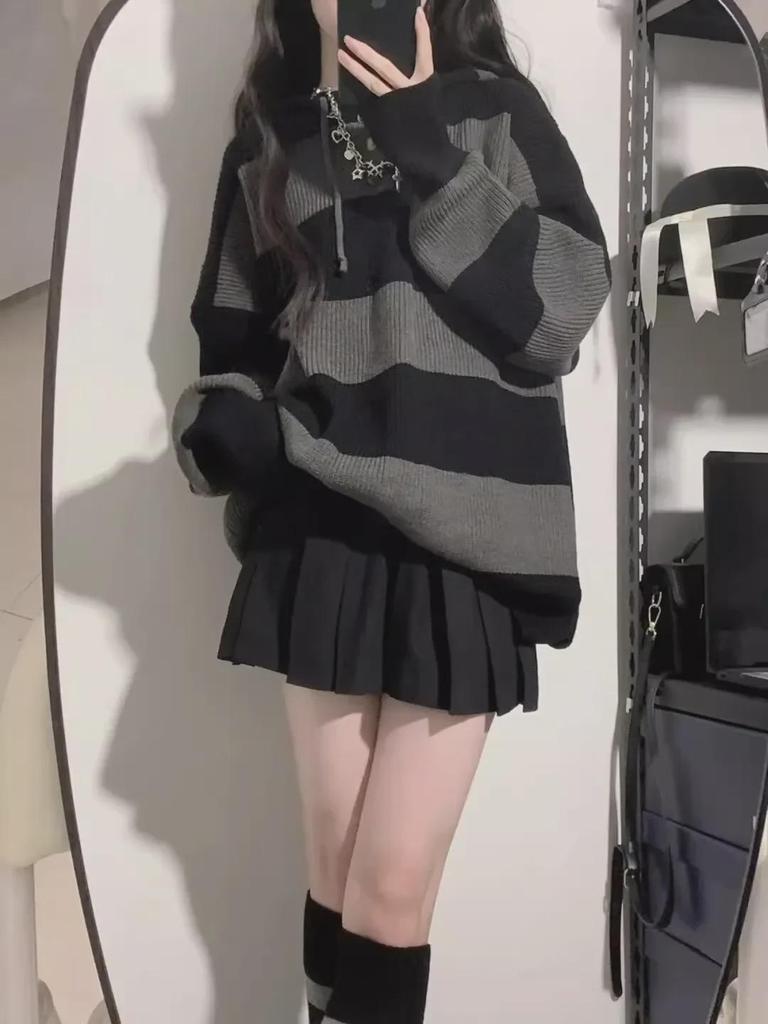 Женский ретро-свитер с капюшоном и полосками - осень/зима в японском стиле для колледжа