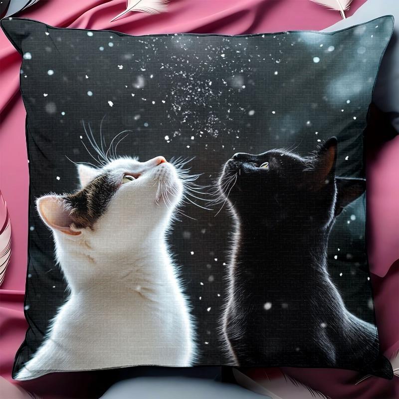 Cat Couple Snowy Night Pillowcase Pet Lover Gift Throw Pillow Cover for Aesthetic Home Decoration Cute Cat Print