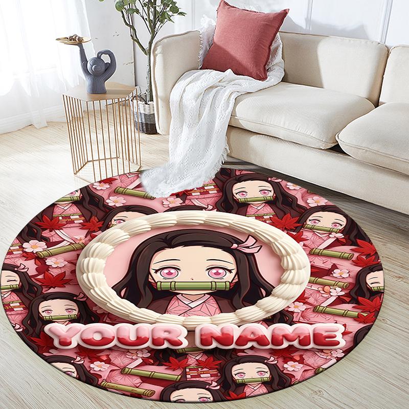 Custom Name,Nezuko Kamado pattern round rug,Carpet Rug for Living Room Bedroom Playroom ,Non-slip Floor Mat,Holiday Gifts and Birthday Gifts.