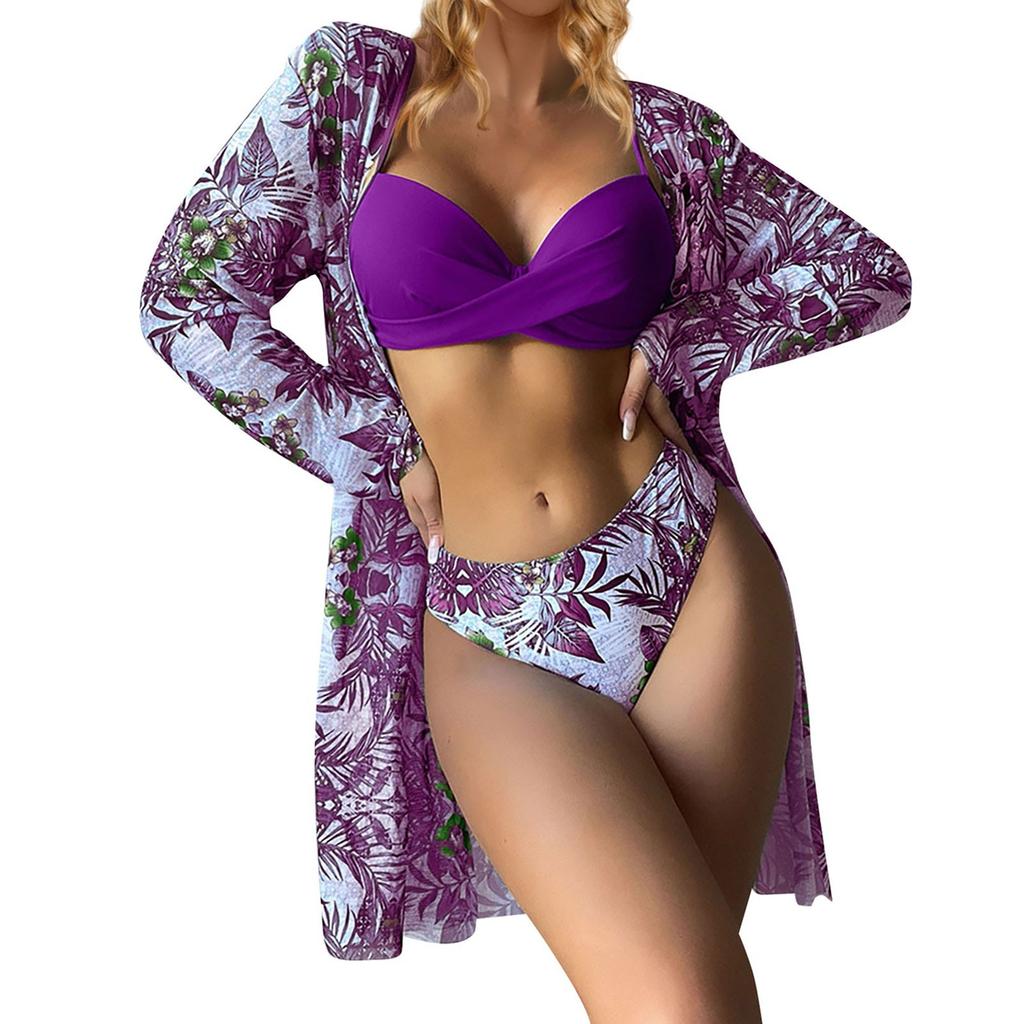 Женский бикини с цветочным принтом, сексуальный быстросохнущий купальник, комплект из 3 предметов