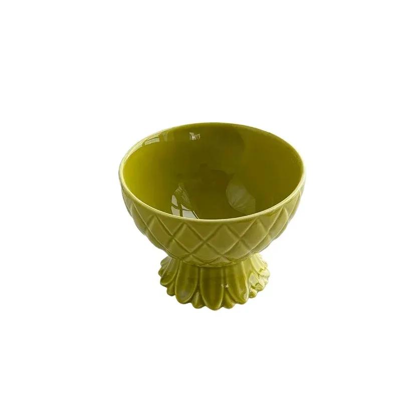 Pineapple patterned ceramic high footed bowl, ceramic dessert cup, household fruit yogurt bowl, afternoon tea utensil decor bowl