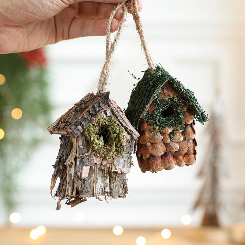 Wooden Birdhouse Pendant with Moss, Bark, Flowers & Grass - Thatch Roof Ornament for Christmas Tree Decoration.