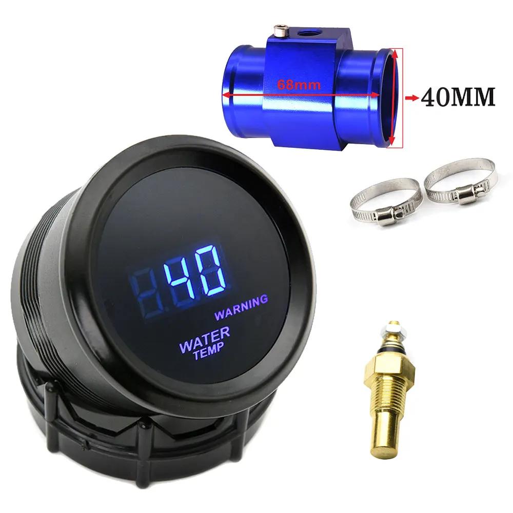 52mm Water Temperature Gauge Blue LED Light with 16mm-40mm Joint Pipe Adapter Black/Blue with Water Temp 1/8NPT Sensor