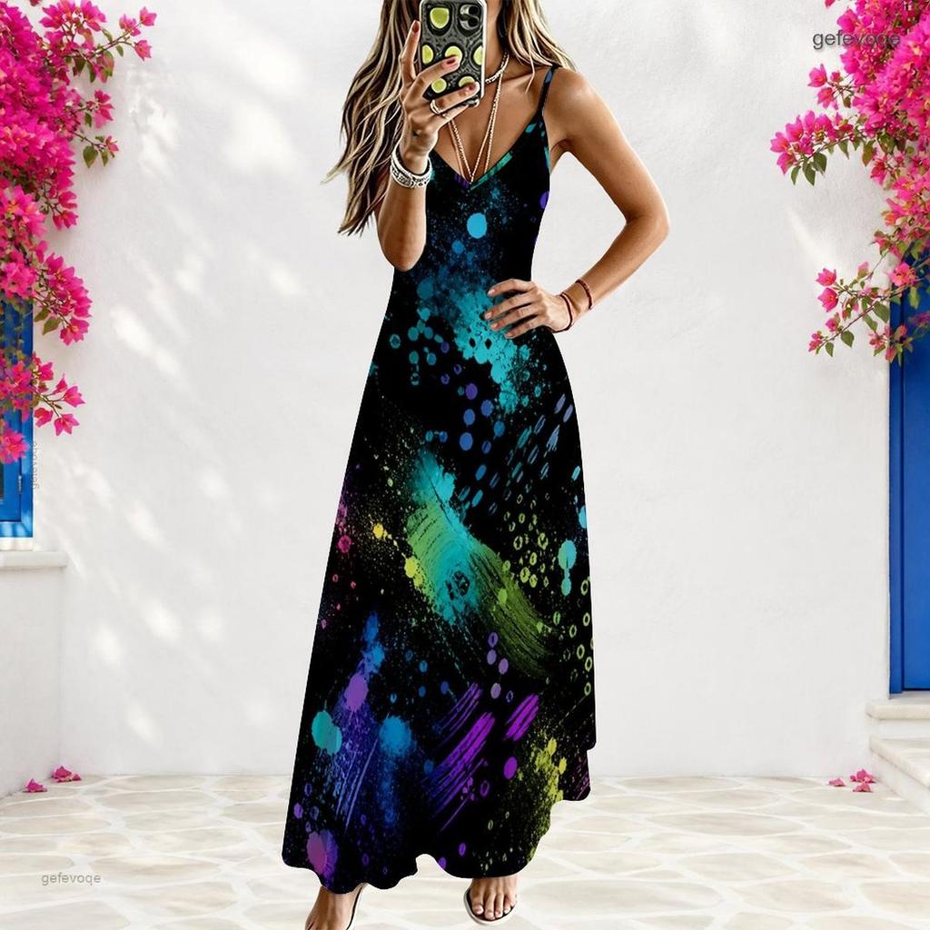 Women Plus Size Spaghetti Strap V Neck Sleeveless Printed Pink A Line Maxi Dress