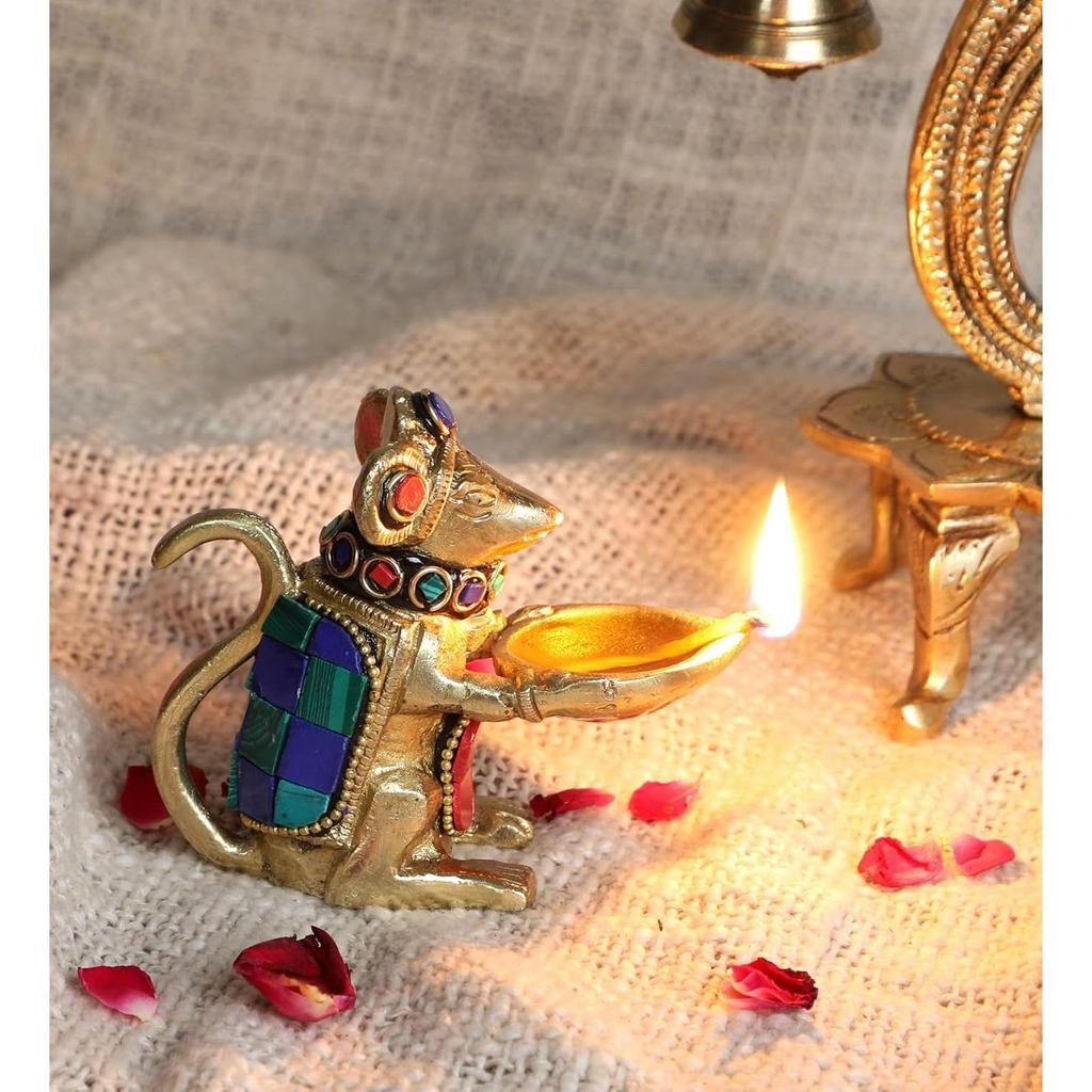 Latest Gemstone Work Brass Ganesha Mouse Holding Oil Lamp Diya, Standard, Pack of 1