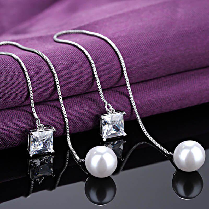 Стильные женские серьги протяжки с кристаллами и искусственными жемчужинами