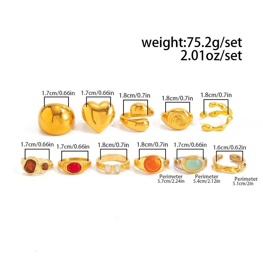 11Pcs/Set Gold Tone Open Band Ring Color Gem Inlay Finger Jewelry Heart Shape Ring Stack Match