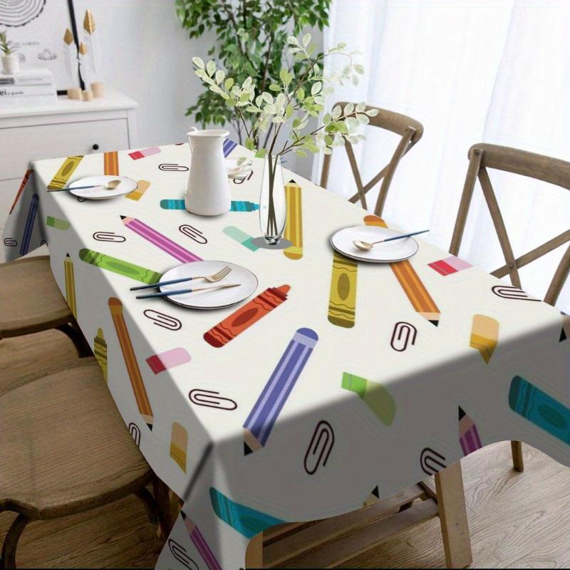 1Pc Creative Crayon Pattern Tablecloth White Colorful Stationery Print Table Cover For Dining Kitchen Desk Decorative