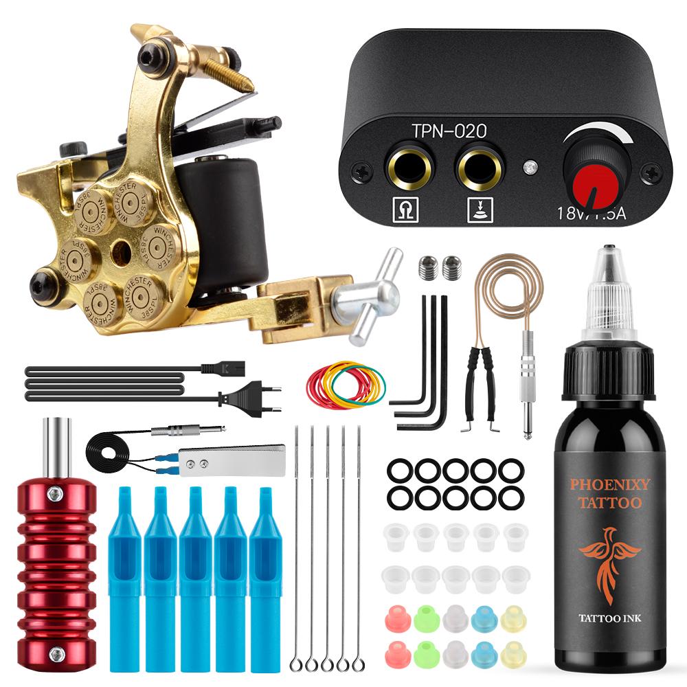 PHOENIXY Starter Tattoo Machines Gun с 30 мл чернилами, пигментом, источником питания для татуировки, традиционные игольчатые ручки для татуировки, инструменты для боди-арта, полный комплект