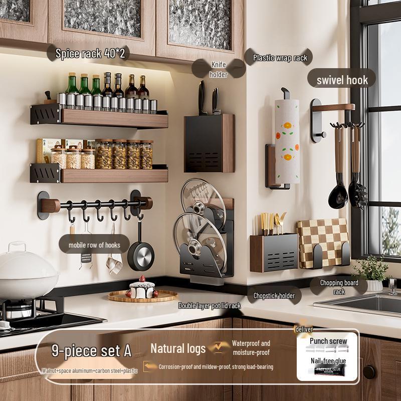 Punch-Free Wall-Mounted Walnut Kitchen Storage Rack: Multi-Layer Spice Shelf