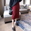 Autumn Winter Women's Red Knitted Half Skirt High Waist Knee-Length Bodycon Pencil Skirt Slim-Fit Wool Skirt