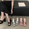 2025 Slippers Women Summer Wear Internet Celebrity Sequins Thick Heel Waterproof Table Square Head Fish Mouth One Word Drag Sandals Women