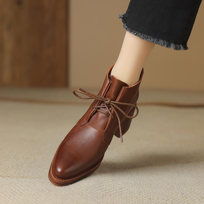 Женские ботинки на шнуровке 2024 года, натуральная кожаная обувь для женщин, с острым носком, на массивном высоком каблуке, в стиле вестерн, черные ковбойские сапоги