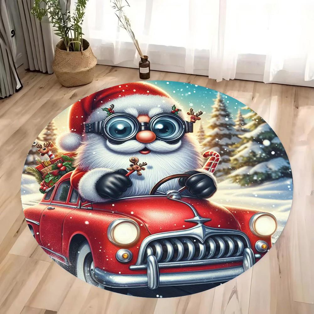 Christmas Gnome and Reindeer Circular Carpet Living Room Bedroom Mat Festive Atmosphere Decorated Christmas Tree Home Rug