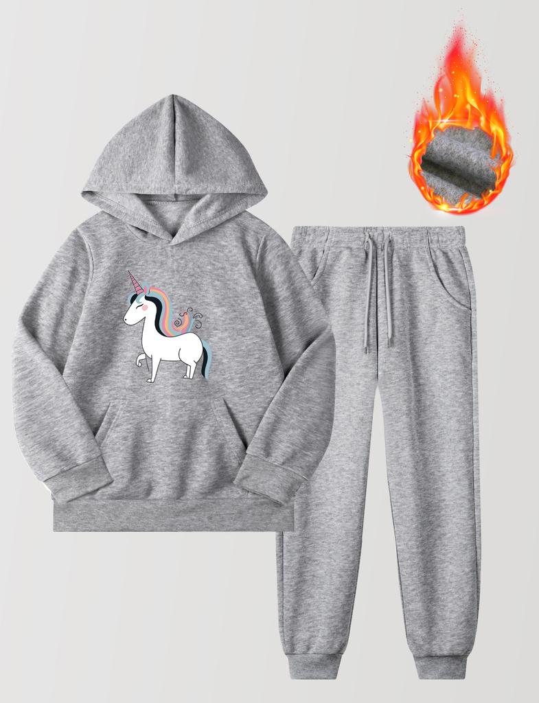 Теплый утолщенный флис для девочек, удобный мультяшный узор, толстовка с длинными рукавами и принтом, пуловер, толстовки и брюки, спортивный костюм из 2 предметов, комплект детской модной одежды