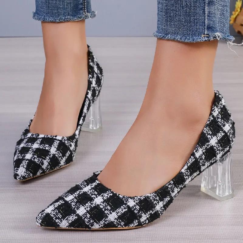 Fashion Spring Autumn Fashion New Sexy Comfortable Pointed Toe Solid Color Women's Party Dress Square High Heels Zapatos Mujer