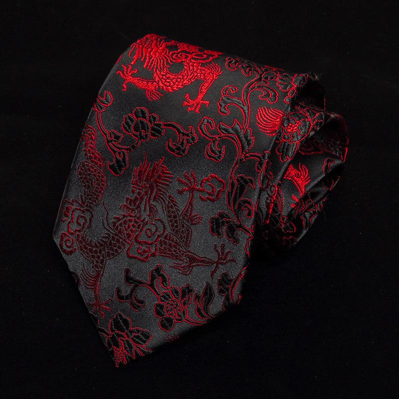 Tie Men'S Dress Chinese Wind Dragon Pattern 9Cm Retro Red Black Blue Ethnic Wind Chinese Dragon Calligraphy Pattern
