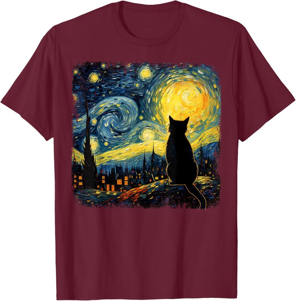 Black Cat Starry Night Van Gogh Style Graphic TShirt Breathable Cotton Top for Cat Lovers