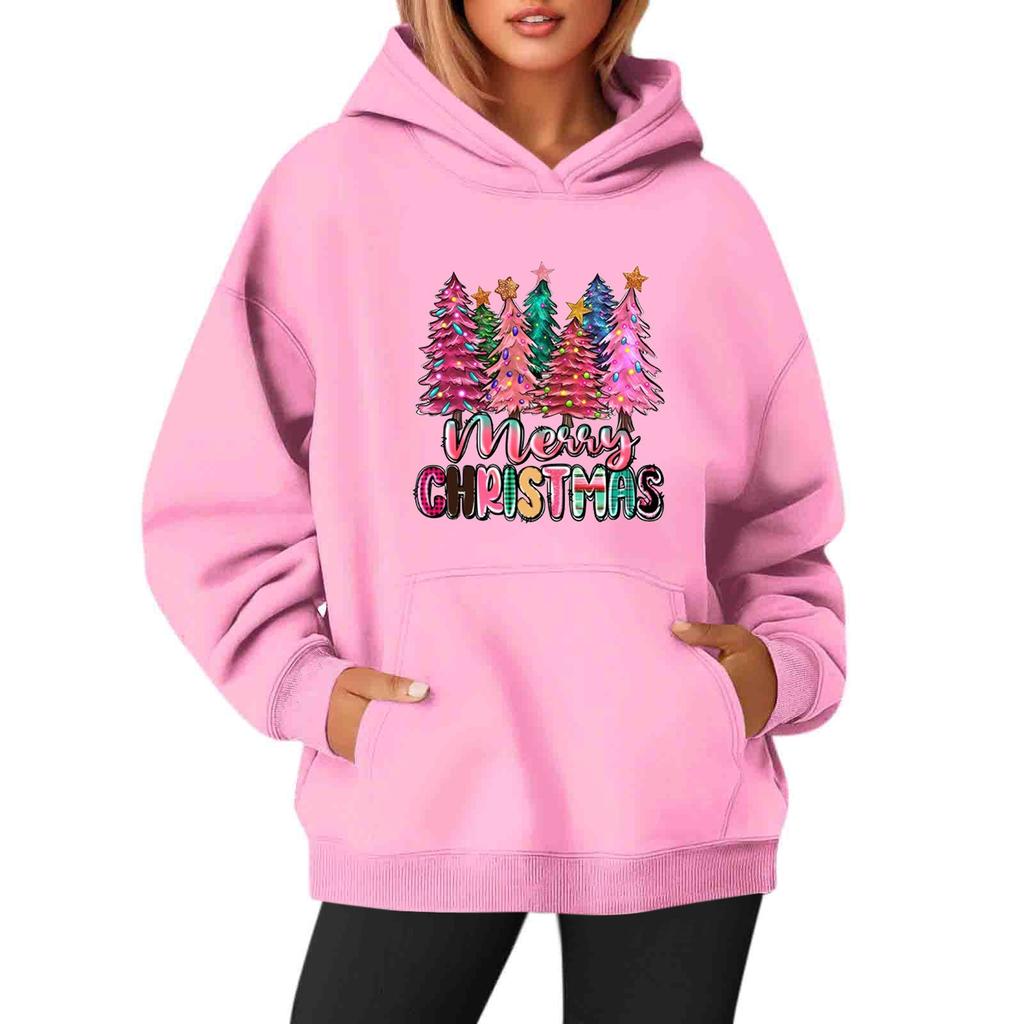 Women's Sweatshirts O-neck Long Sleeve Christmas Printed Top Solid Color Hoodie