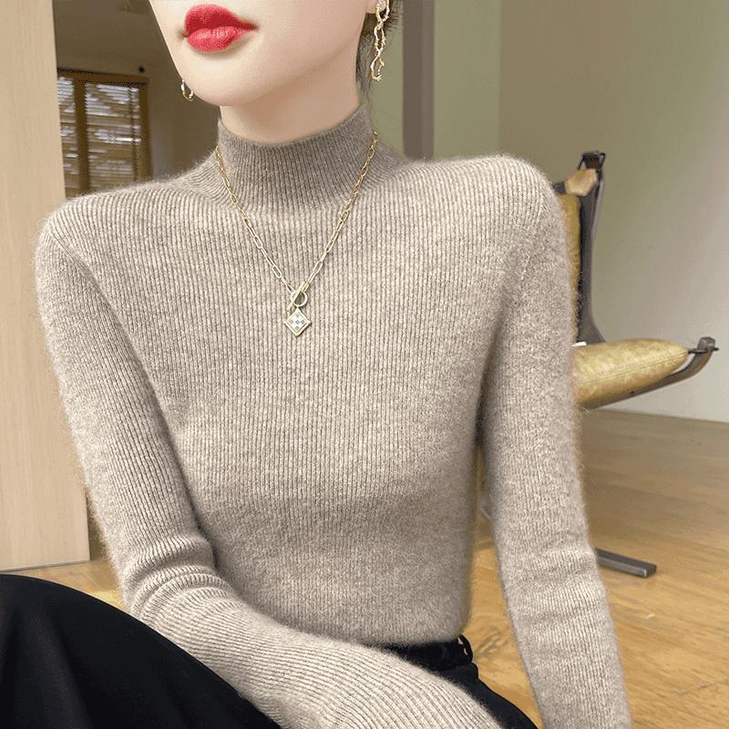 Women's Black Wool Semi-High Neck Base Layer Sweater - Soft, Comfortable, Slimming Fit for Autumn/Winter.