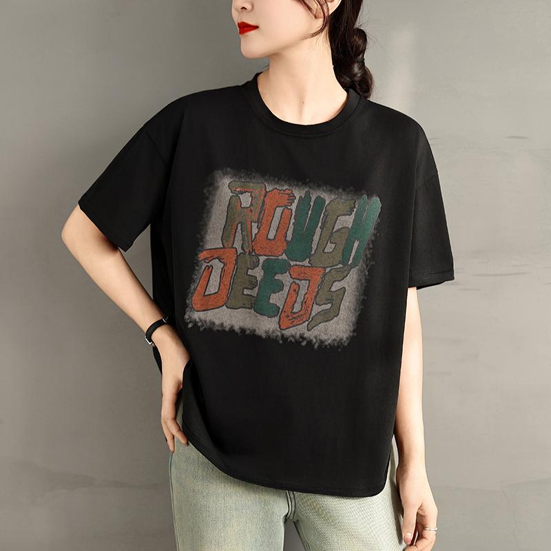 DIMANAF 2025 Women New Summer Loose Plus Size T-Shirt Short Sleeves Cotton Vintage Printing Tops Tees Maxi