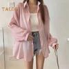 Women Shirt Lapel Long Sleeve Single Breasted Shirt Tops Solid Color Loose Fit See-through Glossy Fabric Sunscreen Thin Shirt