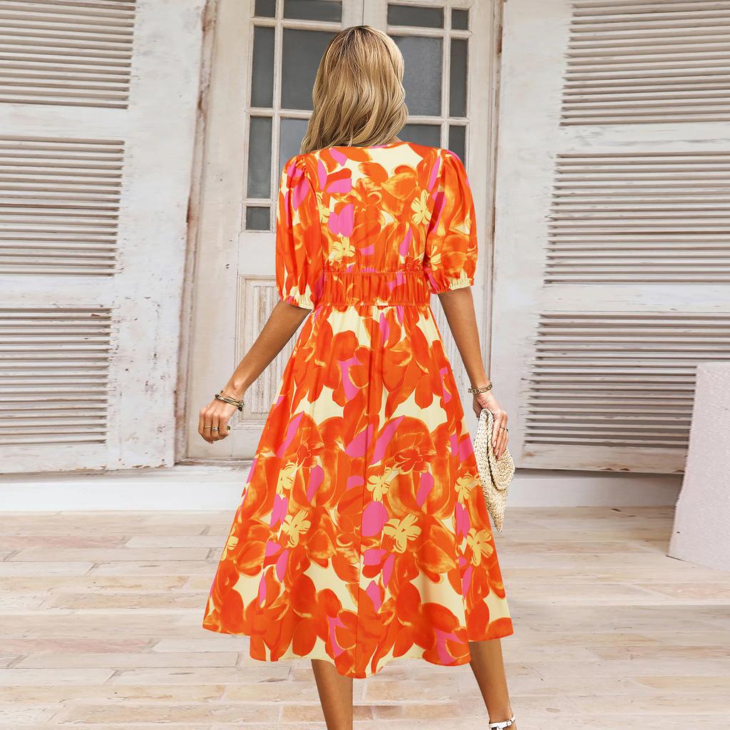 Summer Women's V-Neck Printed Dress A-Line Skirt