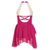Kids Girls Rhinestone Lyrical Dance Costume Sheer Mesh Patchwork Sleeveless Irregular Hem Dress Dancewear