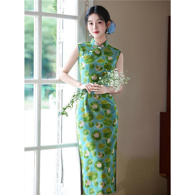 New Chinese green printed cheongsam dress women's sleeveless improved small medium and long version daily high sense summer