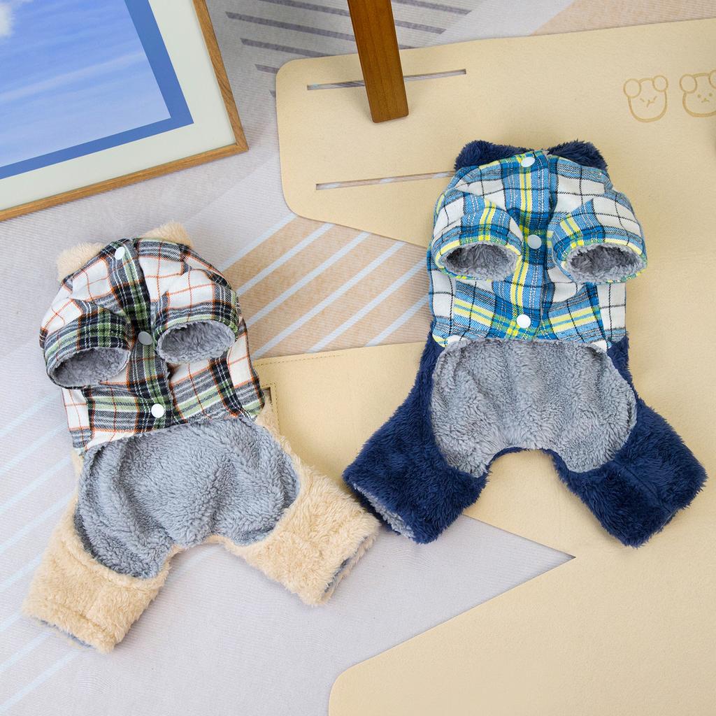 Клетчатый медведь Зимние комбинезоны для собак Теплый флис утолщенная одежда для домашних животных с поводком D-образным кольцом Пижамы для собак