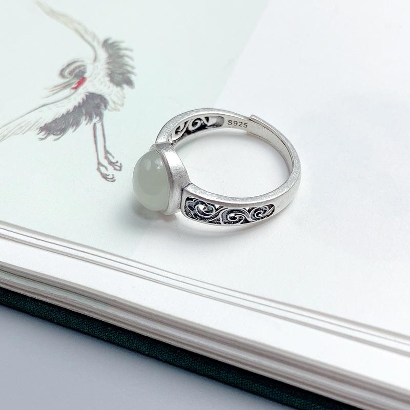Elegant Openwork 925 Sterling Silver Hetian Jade Cabochon Ring for Men and Women - Light Surface Index Finger Ring